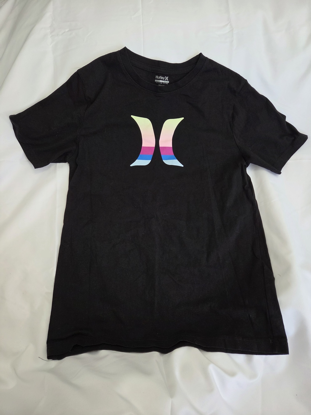 Hurley Black Tee with Pastel Rainbow Logo